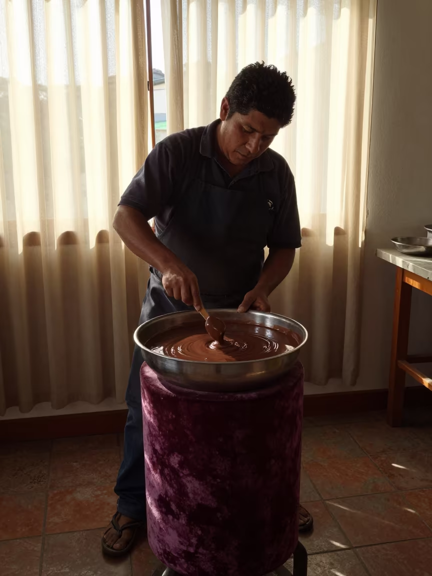 Chocolatier Tempering Chocolate on Velvet Chair in on a velvet chair near Huacho