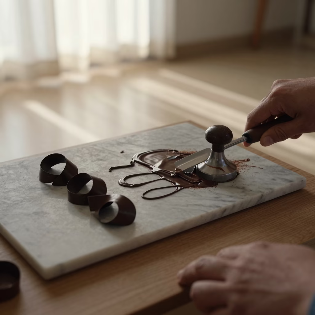 Chocolatier Tempering Dark Chocolate on Desk in on a writing desk near Béchar