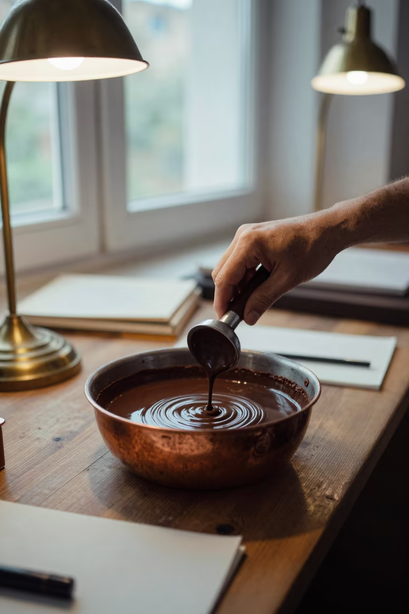 Chocolatier Tempering Dark Chocolate on Desk in on a writing desk near Fergana