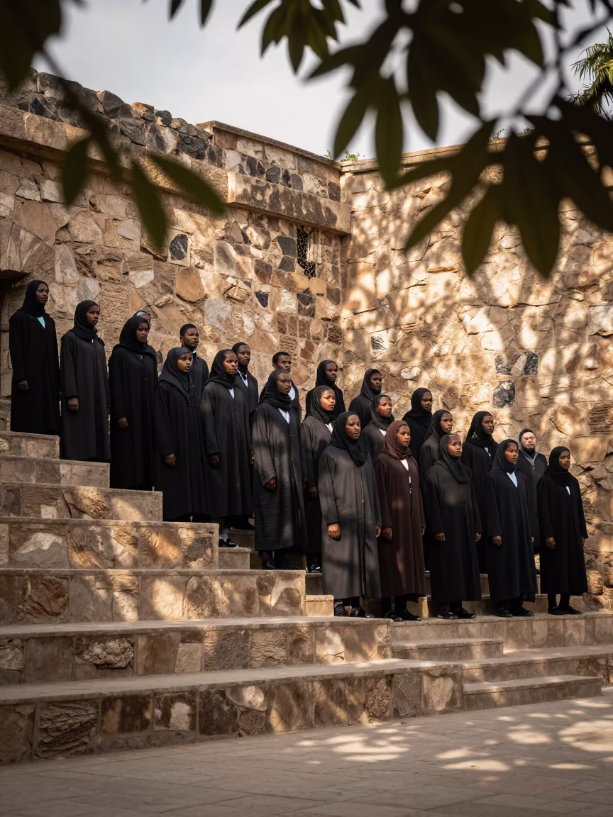 Choir in Heavy Coats Warm Up in Mogadishu Stone Stairwell in in a concert hall in Mogadishu