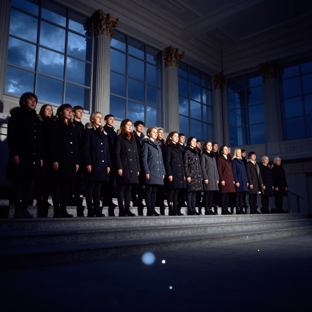 Choir in Heavy Coats Warming Up Almaty Stairwell in in a concert hall in Almaty