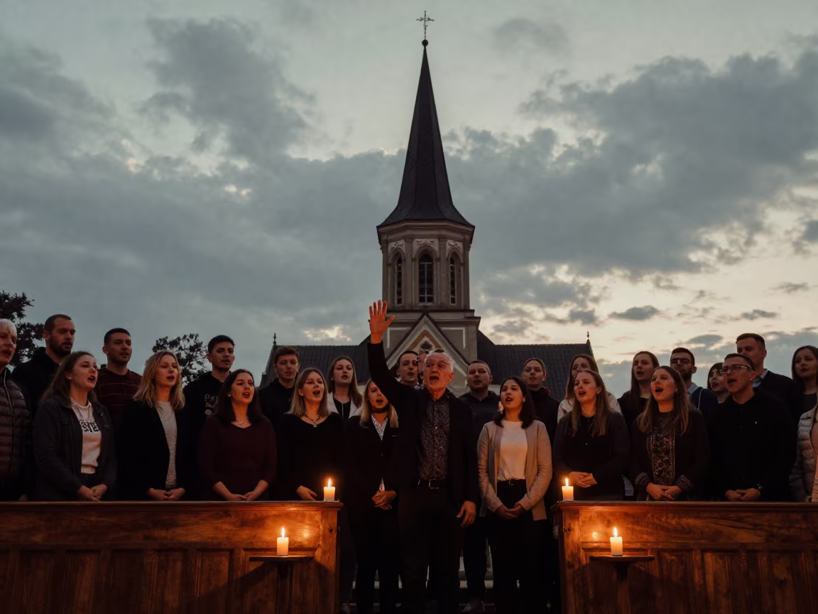 Choir Silhouetted by Candlelight in Novi Sad Hall in in a concert hall in Novi Sad