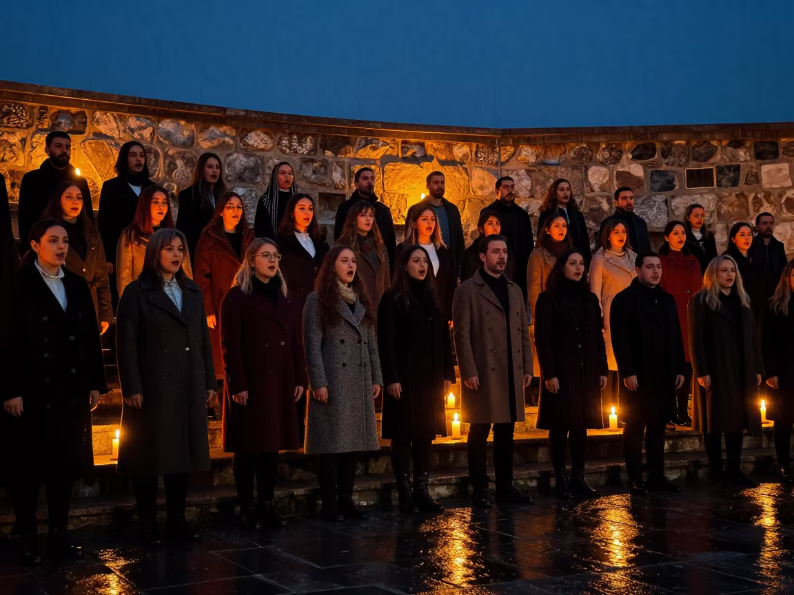 Choir Silhouettes in Stone Stairwell Candlelight in on a theater stage in Ağrı
