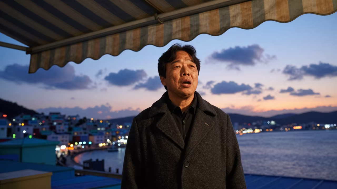 Choir Singer in Busan Harbor Fog Light in under a striped market awning near Busan