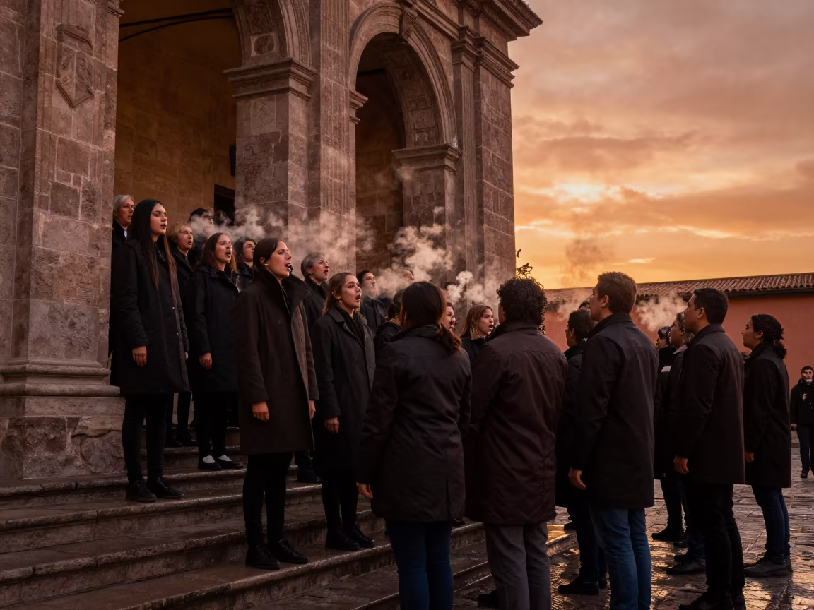 Choir Warming Up in Stone Stairwell in in a concert hall in Aguascalientes