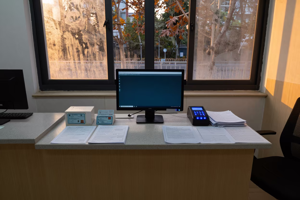 Chongqing Clinic Desk Before Dawn in at a nurse station under monitor glow in Chongqing