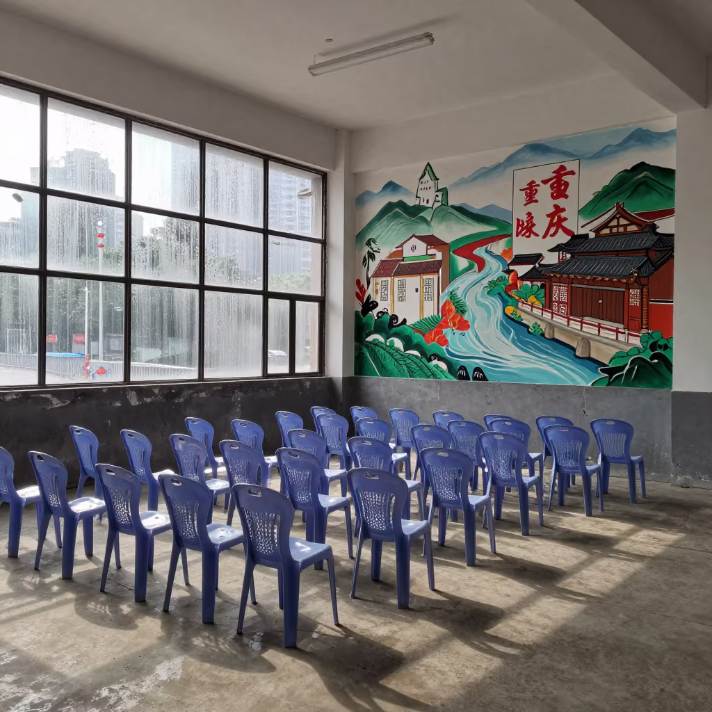Chongqing Community Forum Mural and Chairs in in a community center hall in Chongqing
