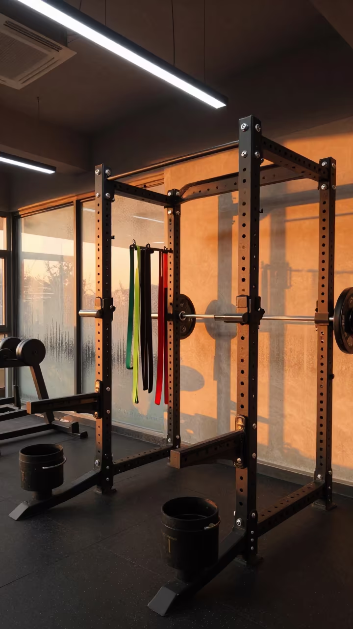 Chongqing Gym Squat Rack Before Dusk in inside a barbell room under cool LEDs in Chongqing