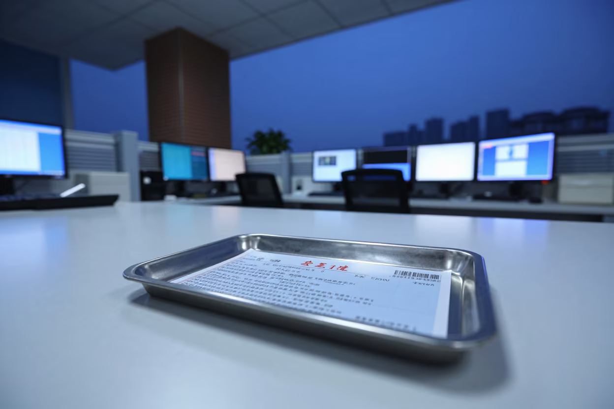 Chongqing Operations Center Ticket Tray Blue Hour in in an operations center under monitor glow in Chongqing