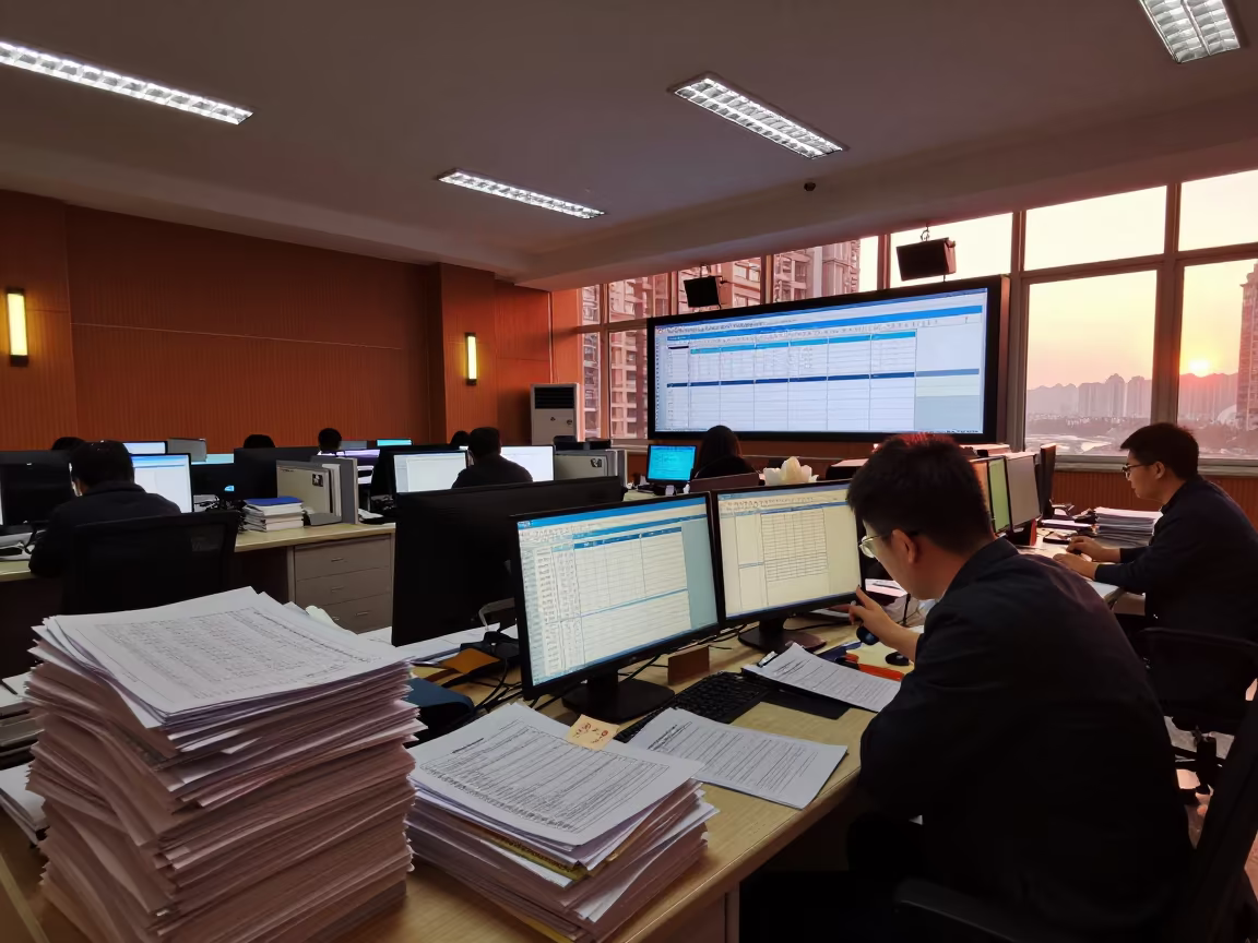 Chongqing Operations Desk Before Dusk in in an operations center under monitor glow in Chongqing