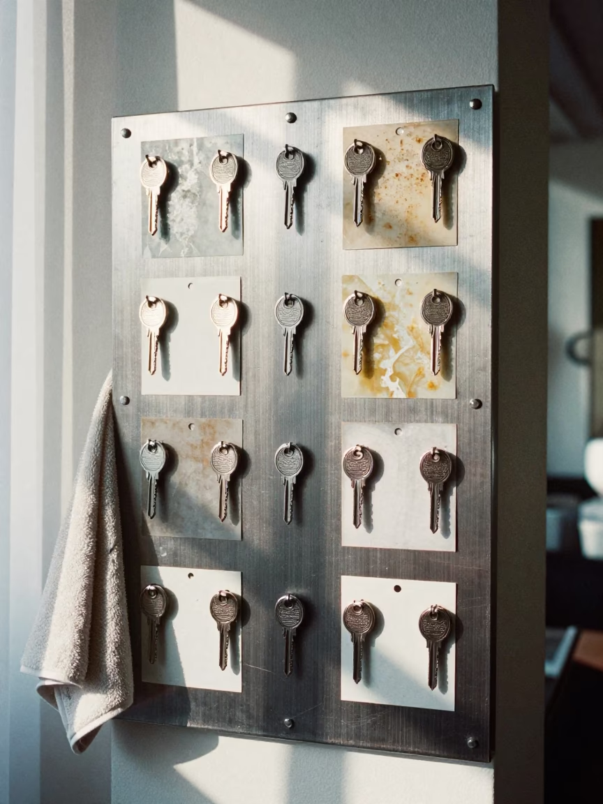 Chongqing Spa Key Tags Under Morning Light in at a salon reception counter in Chongqing