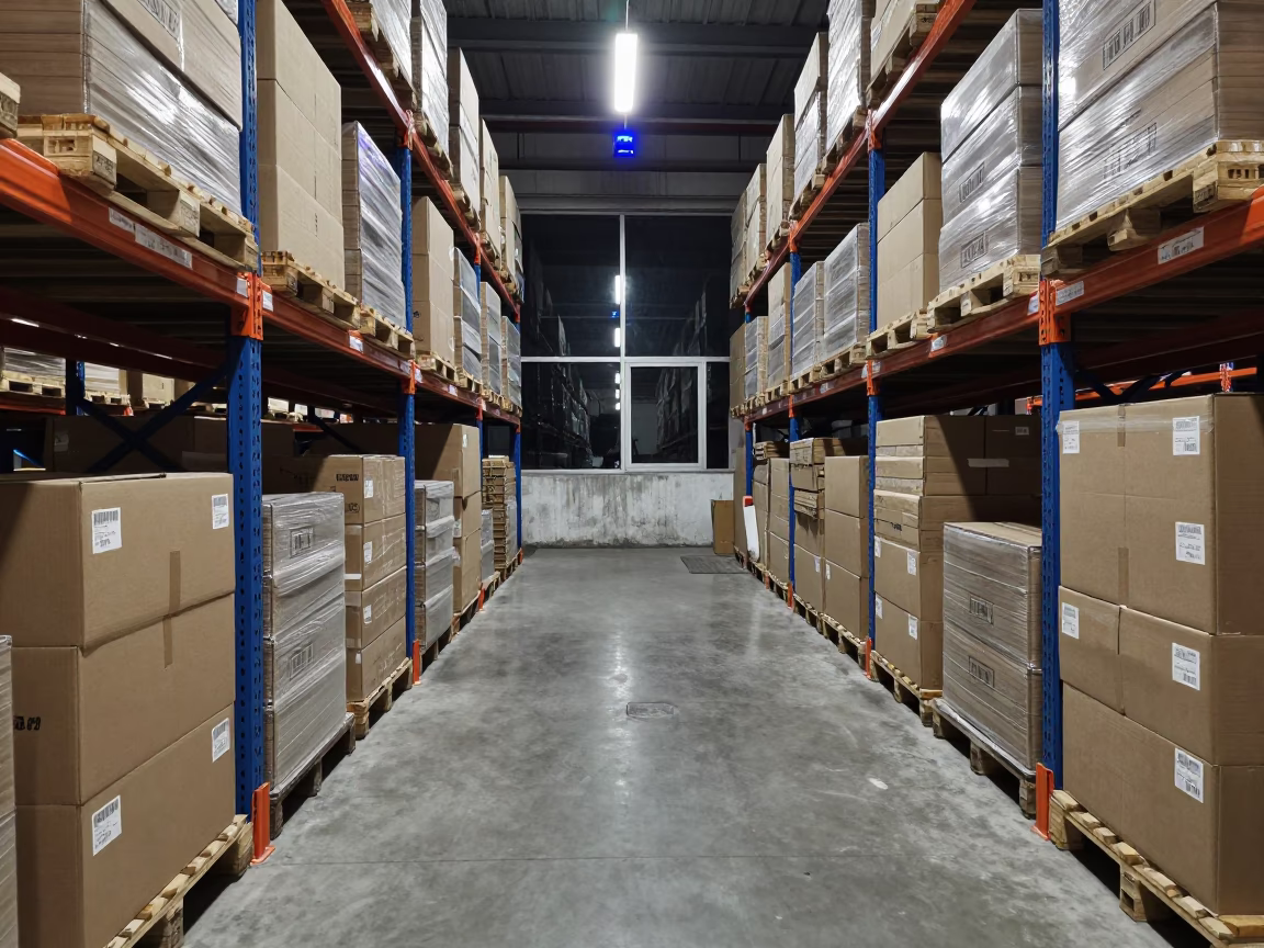 Chongqing Warehouse Aisle Night Logistics in inside a fulfillment packing zone near Chongqing