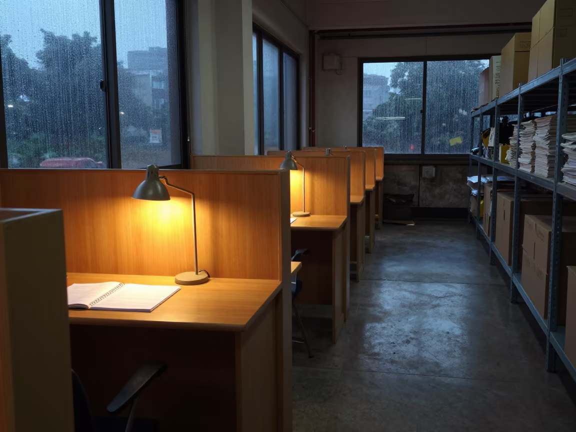Chongqing Warehouse Ledger Desk at Twilight in inside a warehouse aisle near Chongqing