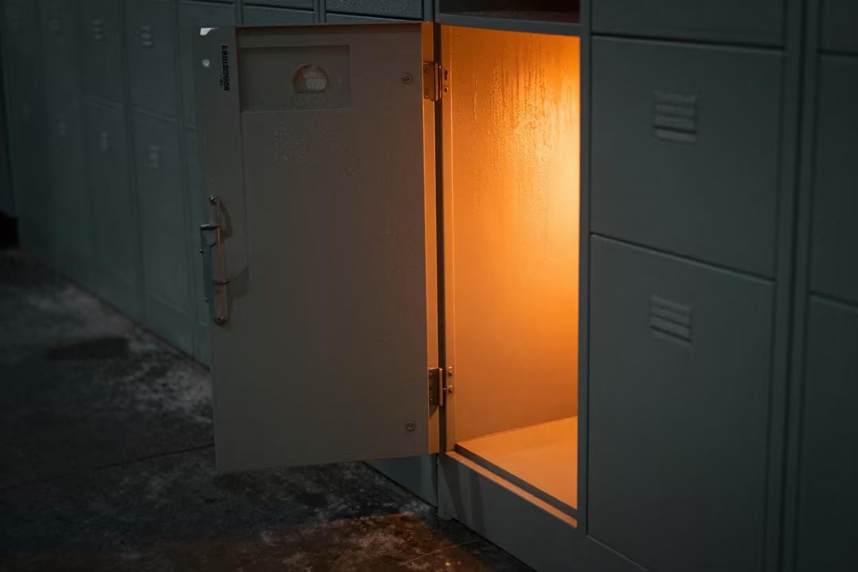 Chongqing Warehouse Locker After Rain Predawn in inside a warehouse aisle in Chongqing