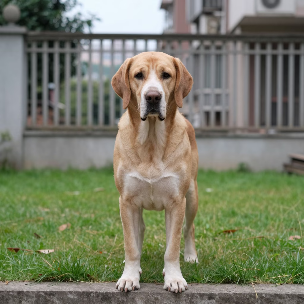 Chongqing Yard Portrait of a Bloodhound with Distinctive Ears in in a small yard with clipped grass, calm light, and the animal centered in frame near Chongqing