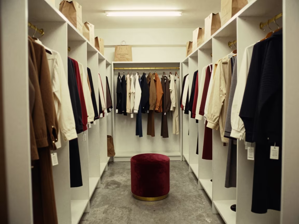 Chor Bazaar fitting room with velvet stool and pinned hems in inside a fitting room corridor in Chor Bazaar, Mumbai