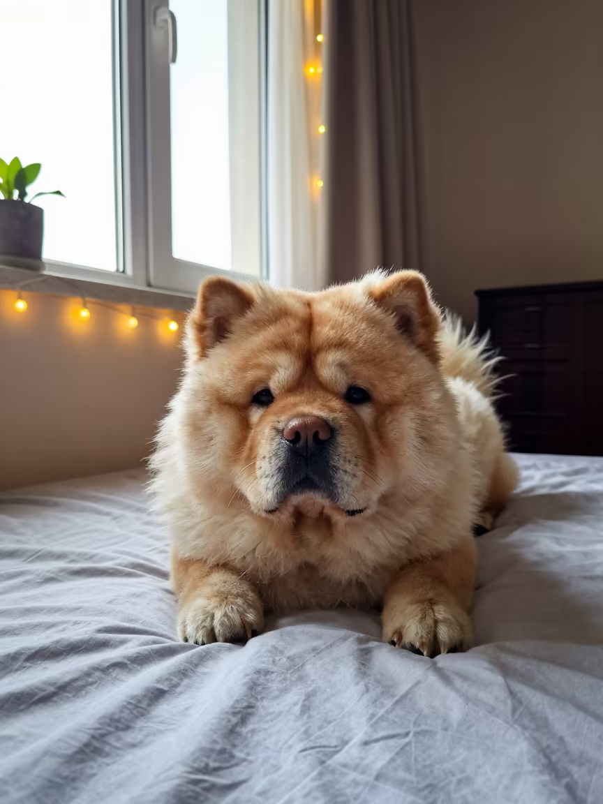 Chow Chow Dog Resting on Bedspread Near Window in on a bedspread near a bright window with calm indoor light in Wenzhou