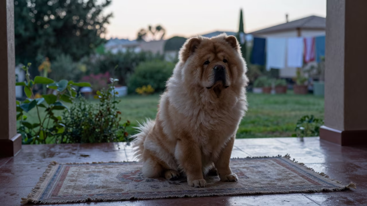 Chow Chow on Porch in Silvery Morning Light in near a garden edge with soft morning light and an uncluttered background in Alicante