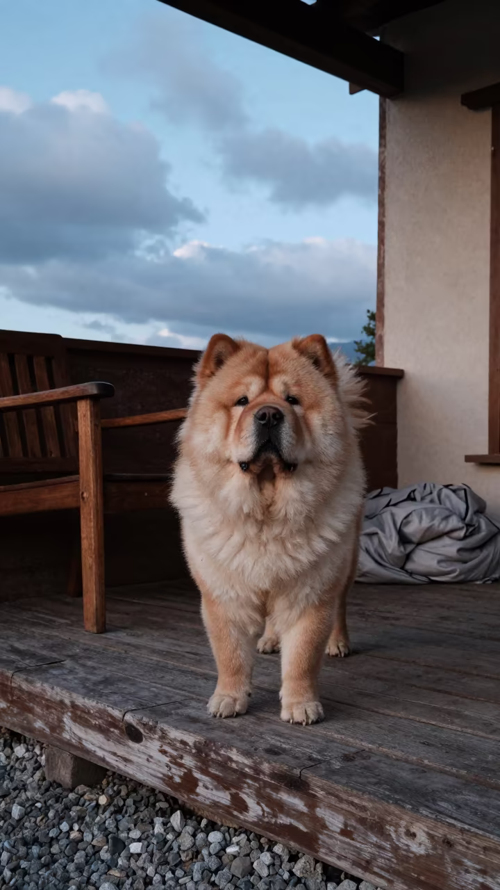 Chow Chow on Taxco Porch in Silver Dawn Light in on a shaded front porch with boards, railings, and eye-level framing near Taxco