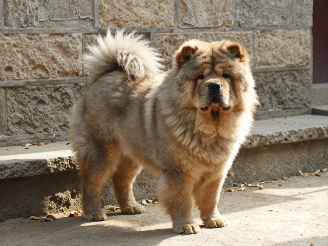Chow Chow Portrait Against Courtyard Wall in Tyre in beside a plain courtyard wall in clear daylight with the animal at eye level near Tyre