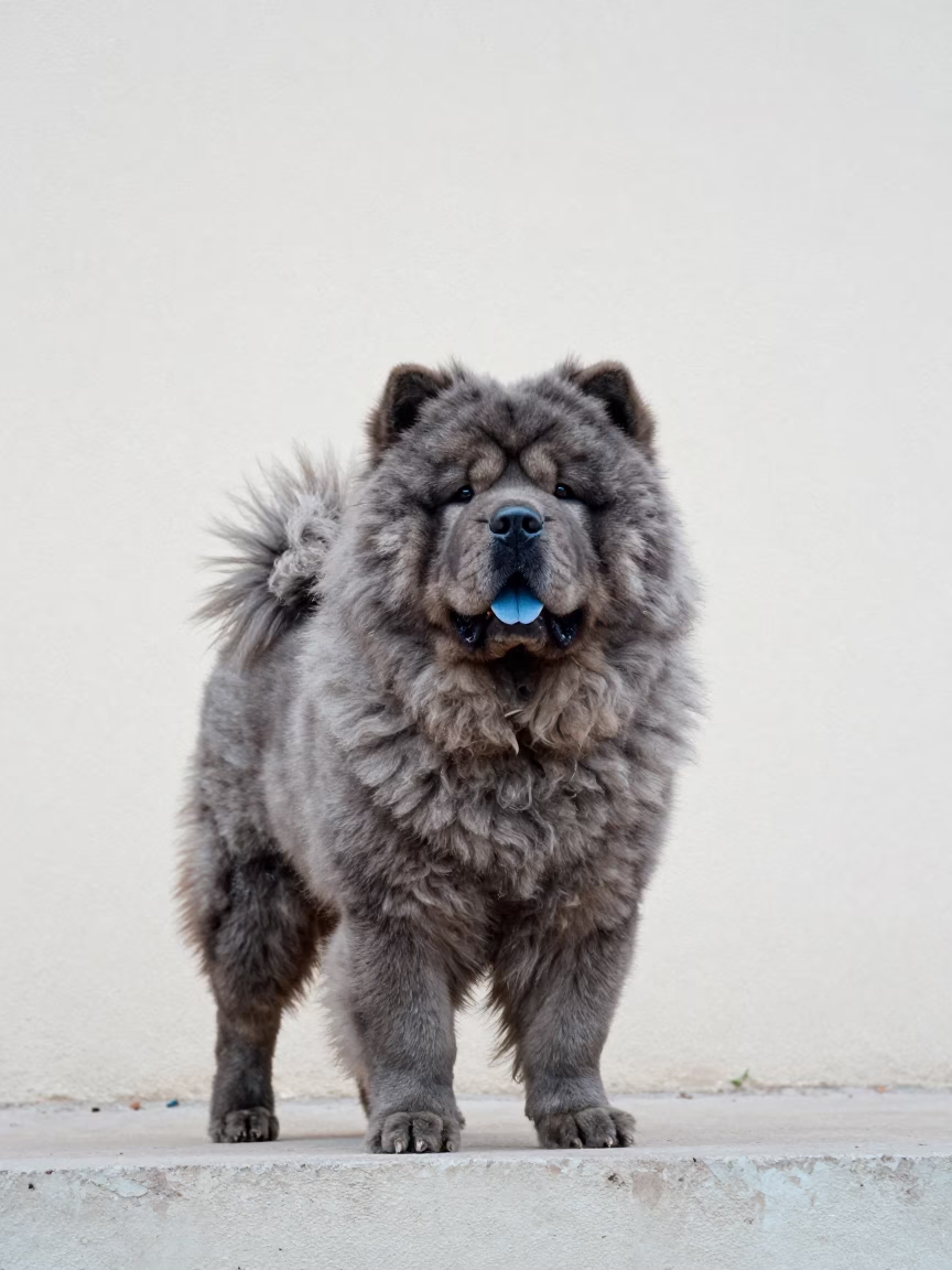 Chow Chow Portrait in Nador Courtyard in beside a plain courtyard wall in clear daylight with the animal at eye level in Nador