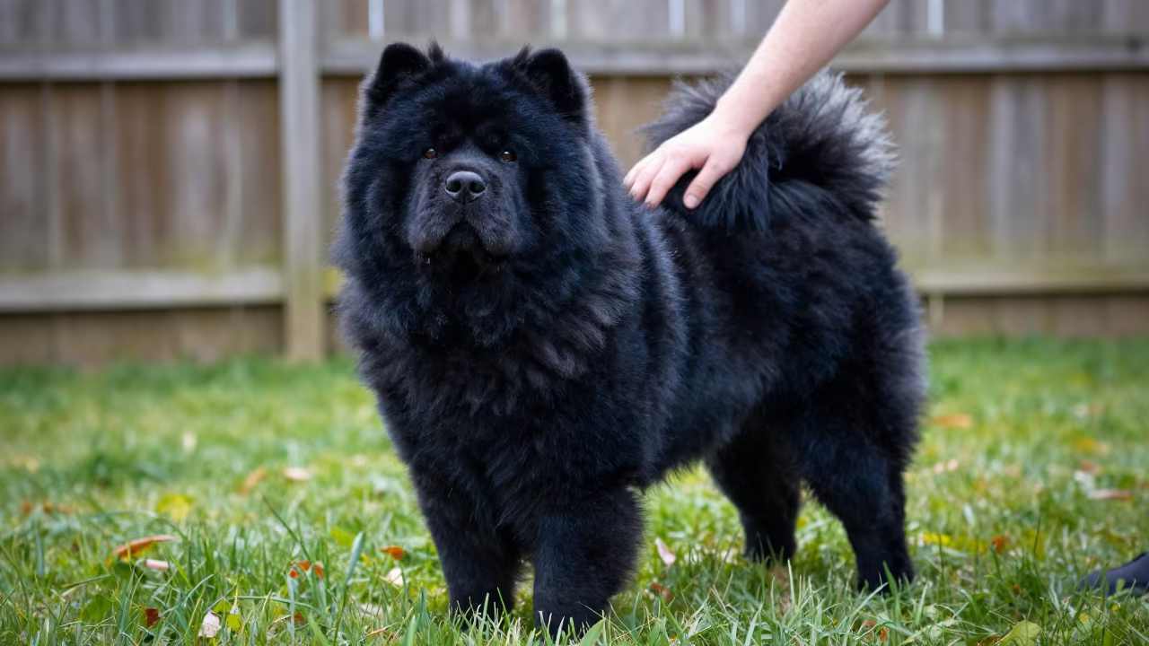 Chow Chow Portrait in Portland Yard in in a small yard with clipped grass, calm light, and the animal centered in frame in Portland