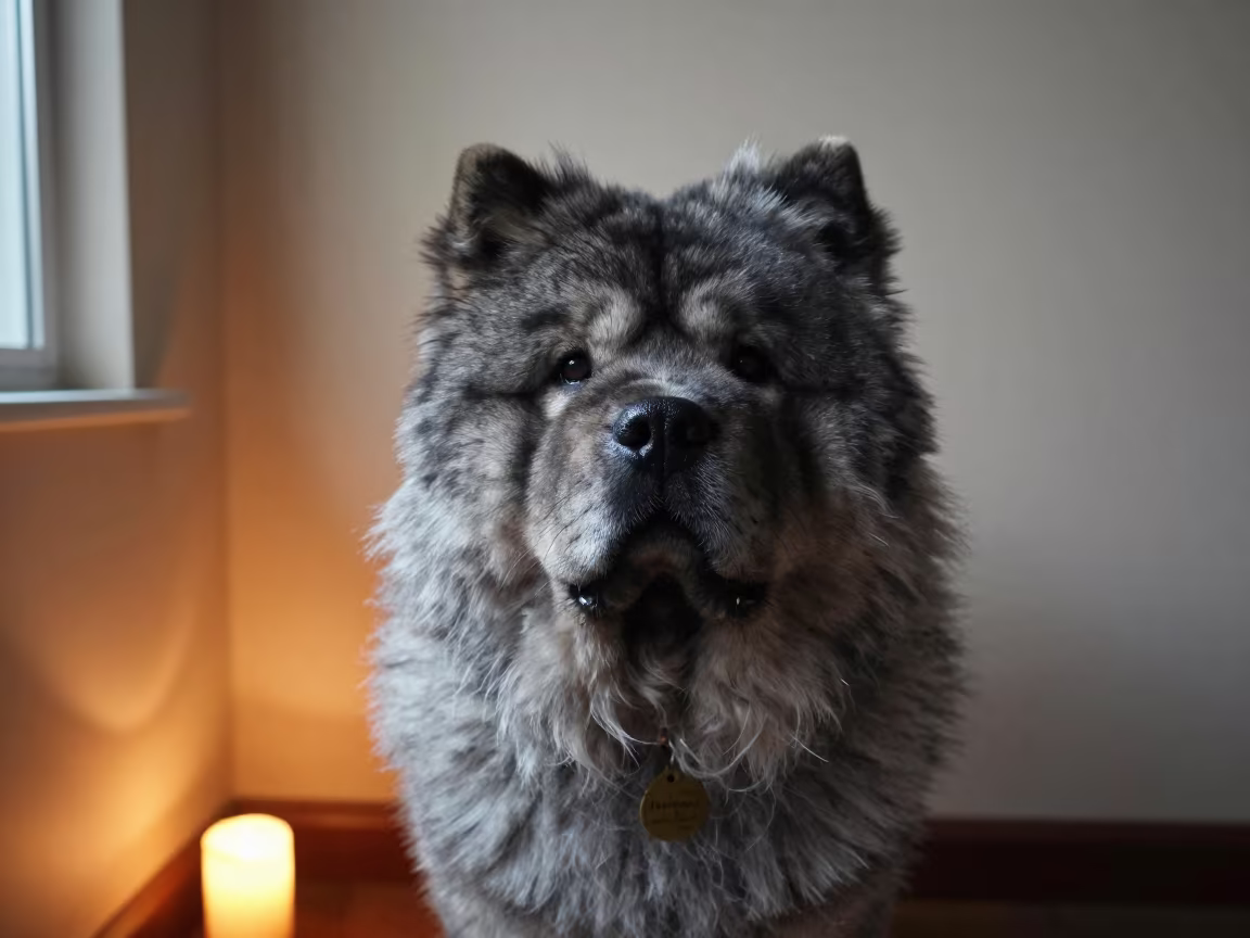 Chow Chow Portrait in Soft Indoor Evening Light in beside a plain plaster wall in soft indoor light with the animal centered in frame in Dinajpur