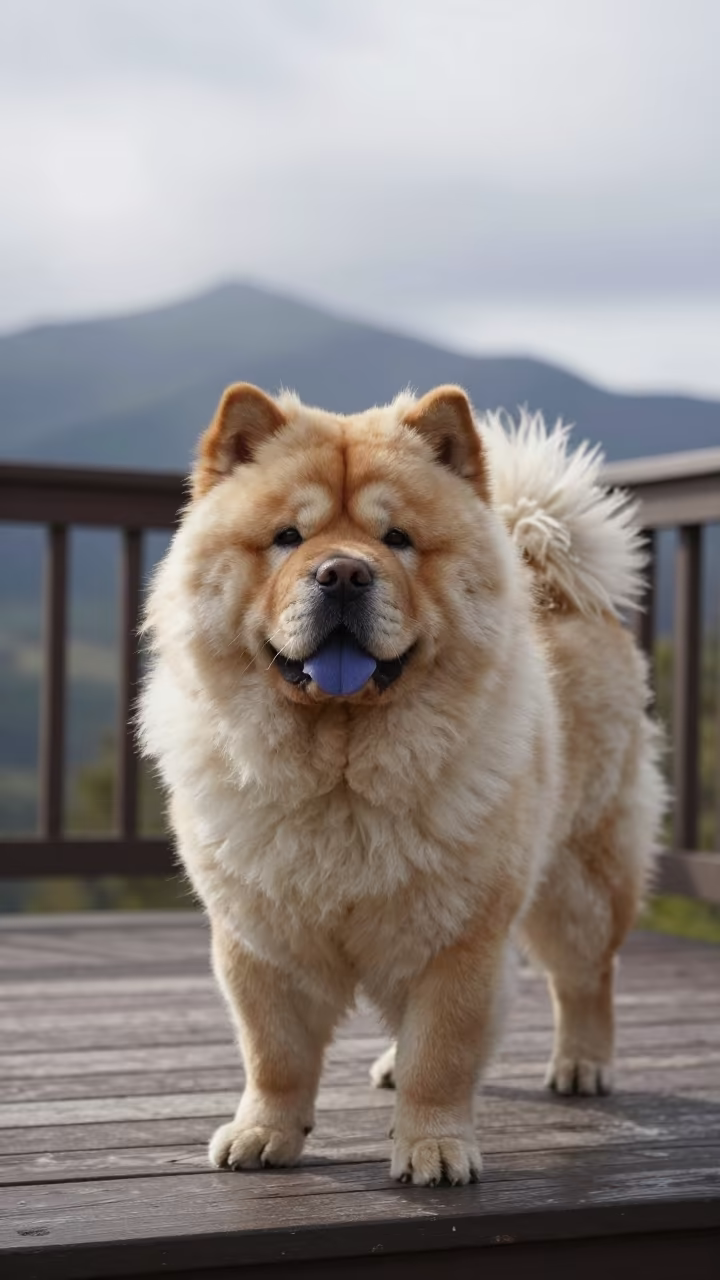 Chow Chow Portrait on Shaded Thies Porch in on a shaded front porch with boards, railings, and eye-level framing near Thies