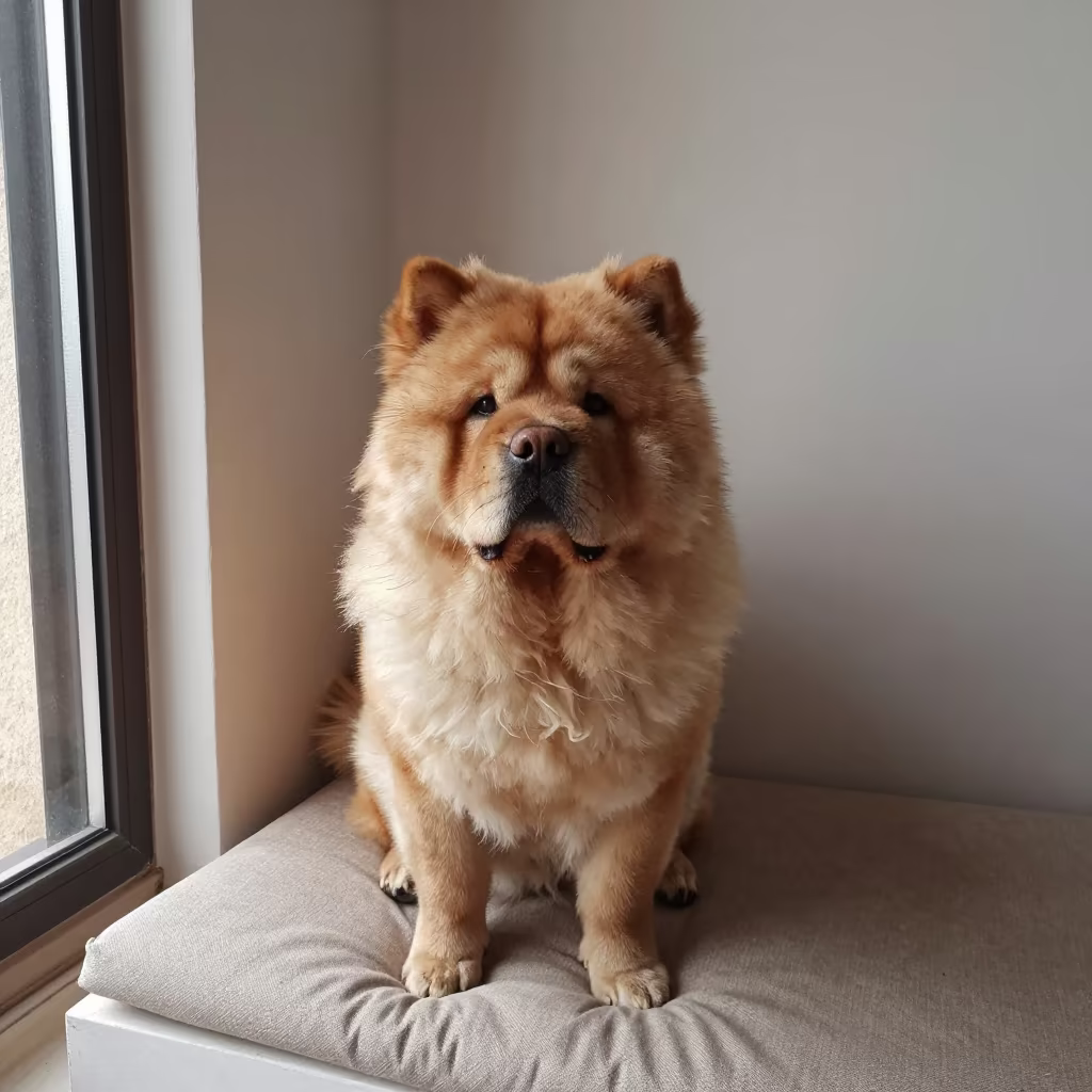 Chow Chow Portrait on Window Seat in Agadir in on a cushioned window seat with soft side light and an uncluttered background in Agadir