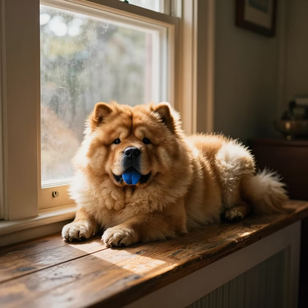 Chow Chow Resting on Window Seat in on a window seat in a quiet apartment with soft side light near Charleston