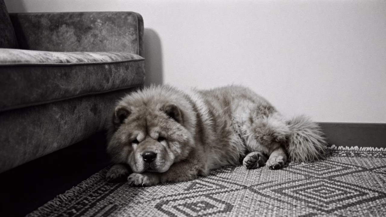 Chow Chow resting on woven rug in Noida home in on a woven rug beside a low couch and an uncluttered wall near Noida