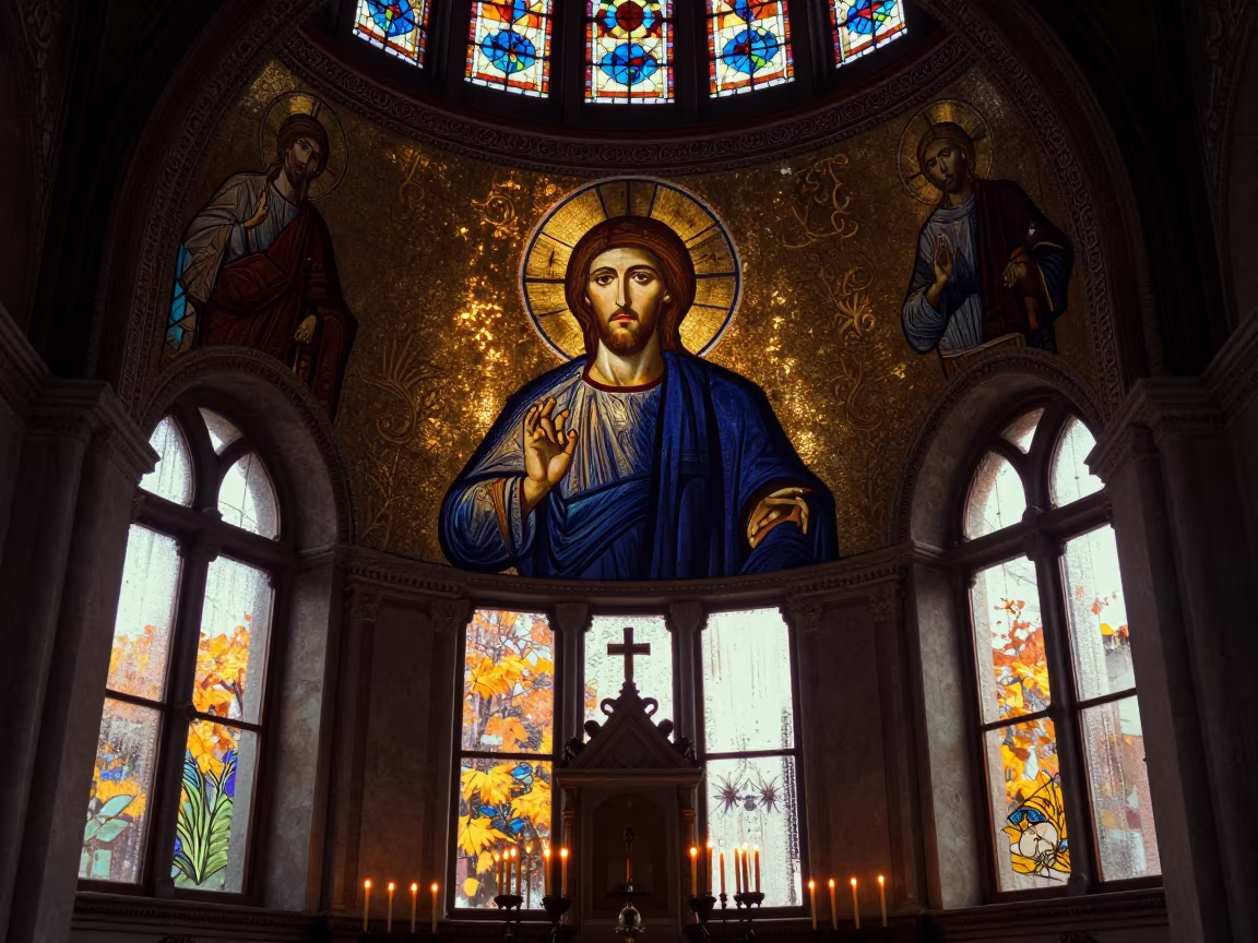 Christ Pantocrator Mosaic in Candlelit Basilica Dome in inside a candlelit nave in Ciudad del Este