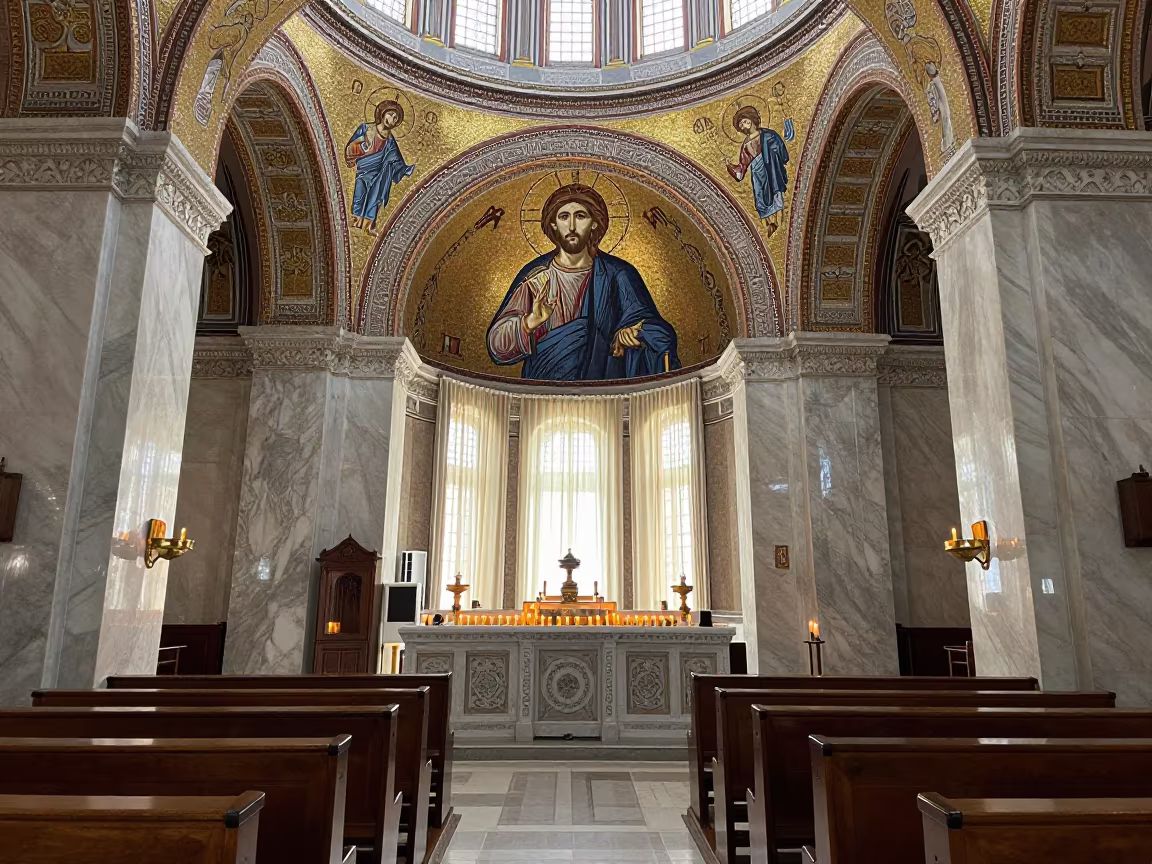 Christ Pantocrator Mosaic in Samawah Basilica in inside a candlelit nave in Samawah