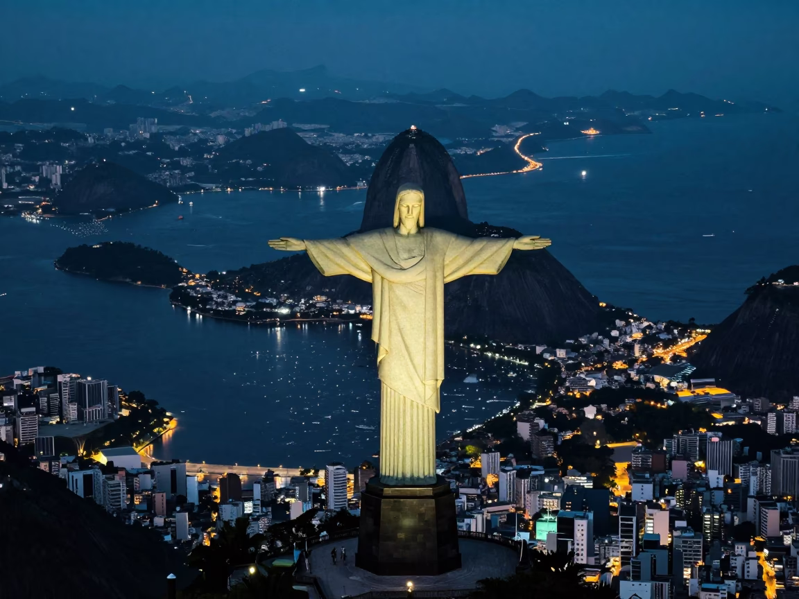 Christ The Redeemer Statue Overlooking Favelas And City Lights in Rio De Janeiro in in Rio de Janeiro, Brazil