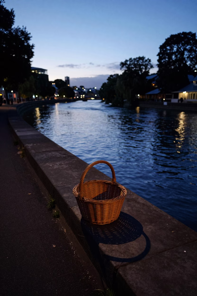 Christchurch Avon River And Wicker Basket Shadow at Twilight in in Christchurch, New Zealand