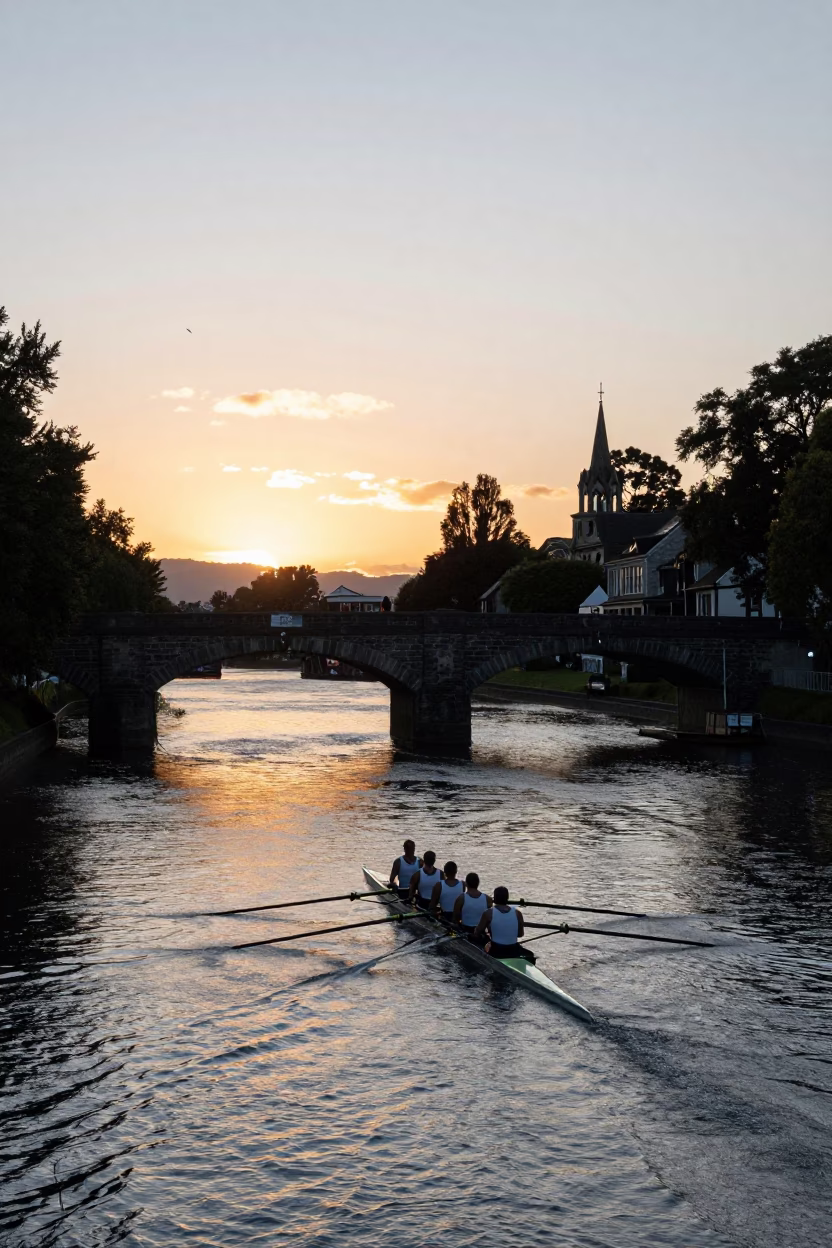 Christchurch Avon River Rowing Regatta at Sunset with Historic Bridge in in Christchurch, New Zealand