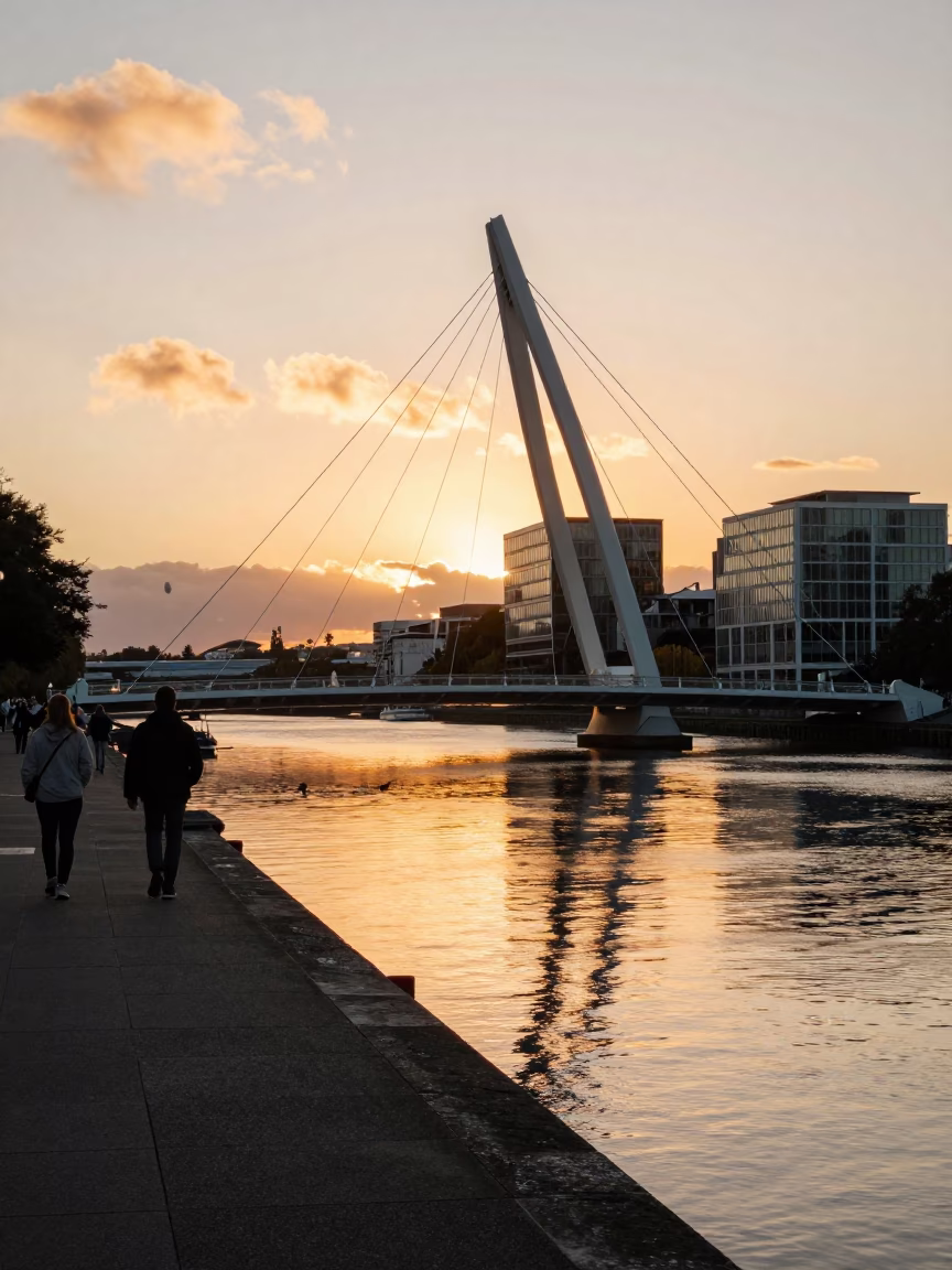Christchurch Avon River Sunset Bridge Reflections and Urban Waterfront in in Christchurch, New Zealand