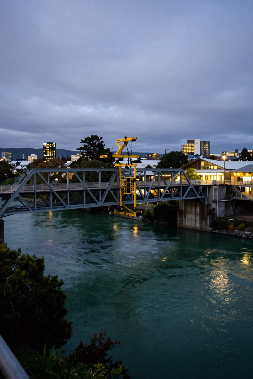 Christchurch Bridge Maintenance Cradle Above Green River at Dusk City Lights in in Christchurch, New Zealand