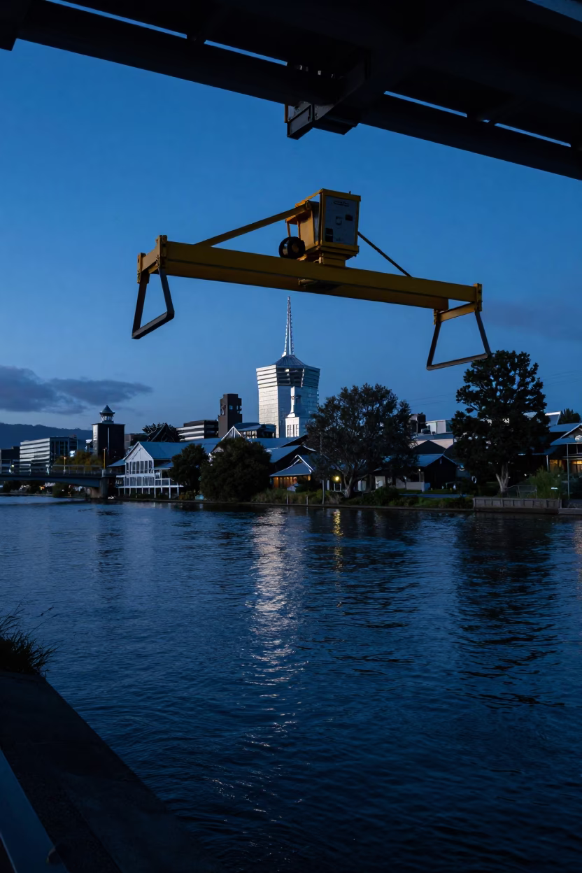 Christchurch Bridge Maintenance Cradle Hanging Over Avon River at Blue Hour in in Christchurch, New Zealand