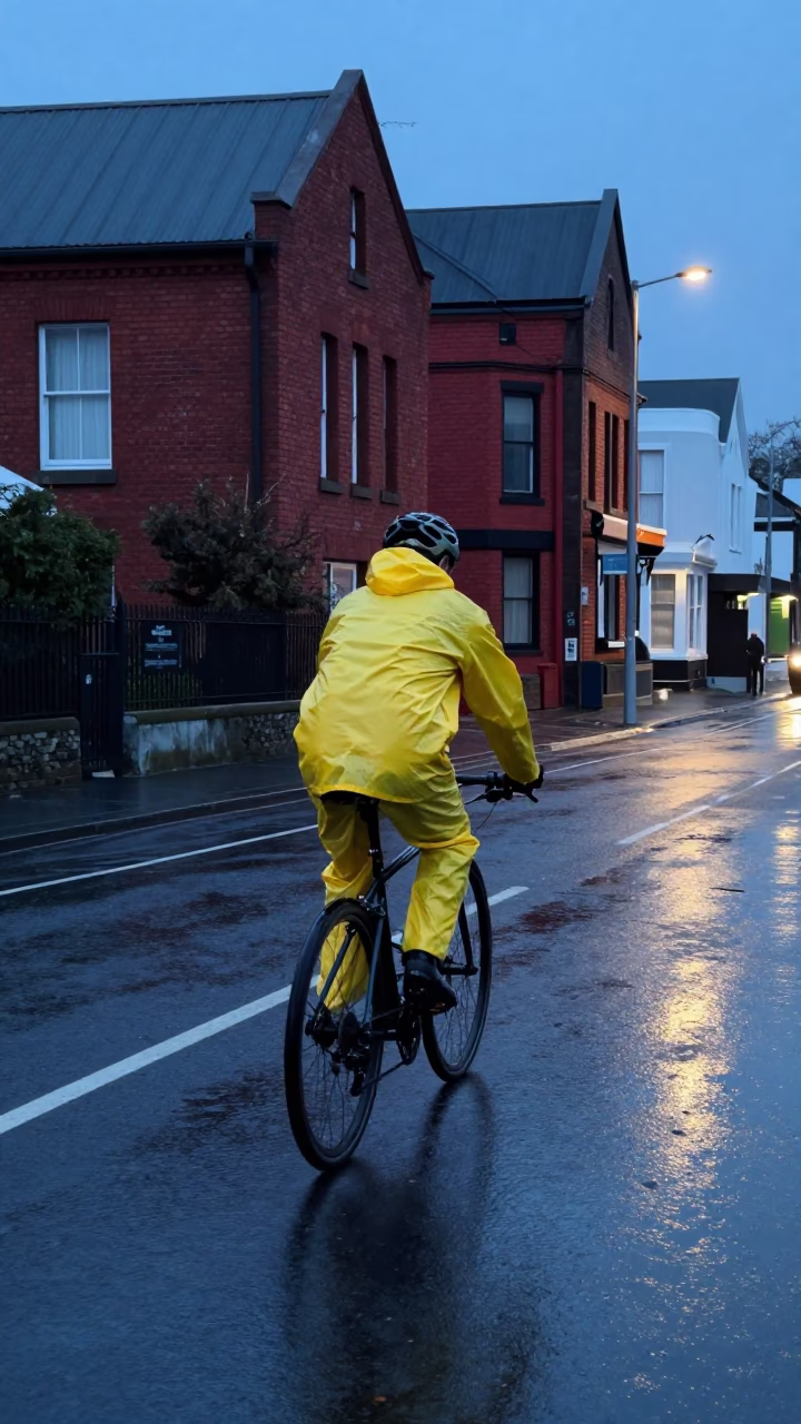 Christchurch cyclist navigating wet streets during blue hour in in Christchurch, New Zealand