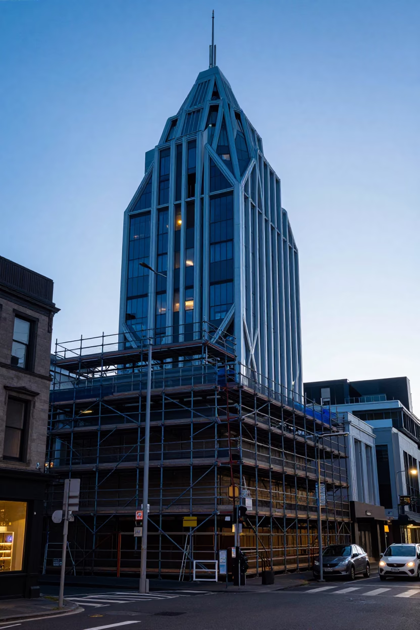 Christchurch Evening Blue Hour Street Scene with Scaffold and Vintage Details in in Christchurch, New Zealand