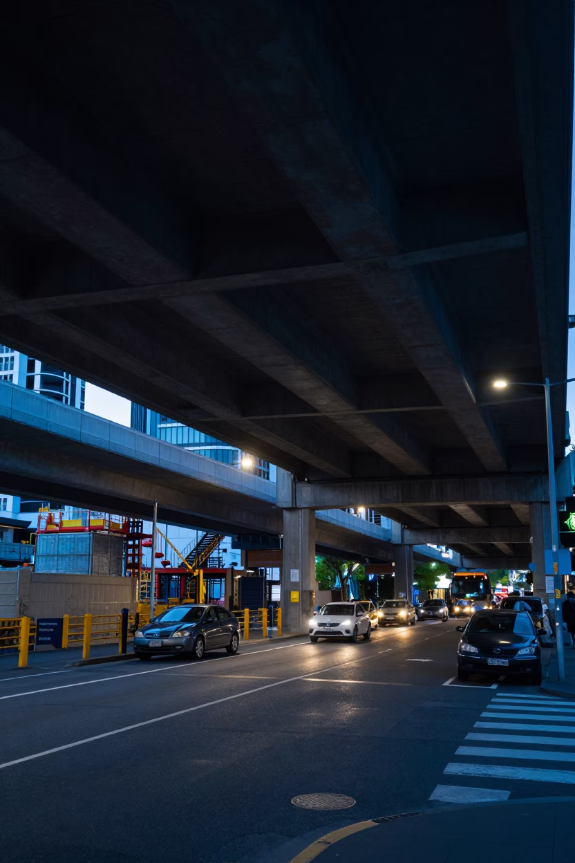Christchurch Evening Street Scene Under Flyover with Construction and Urban Details in in Christchurch, New Zealand