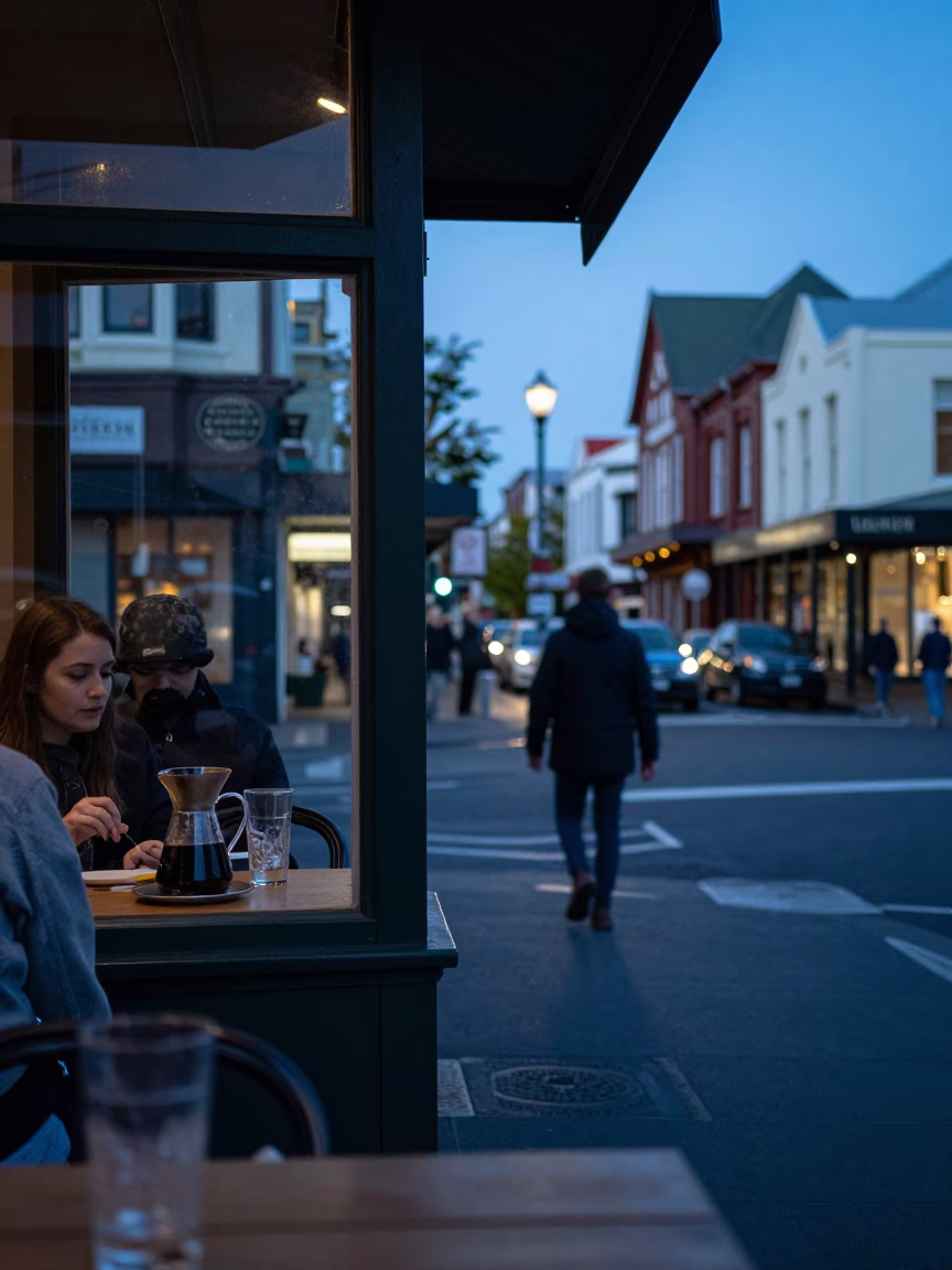 Christchurch Evening Street Scene with Carafe and Glass Edge in Last Blue Light in in Christchurch, New Zealand