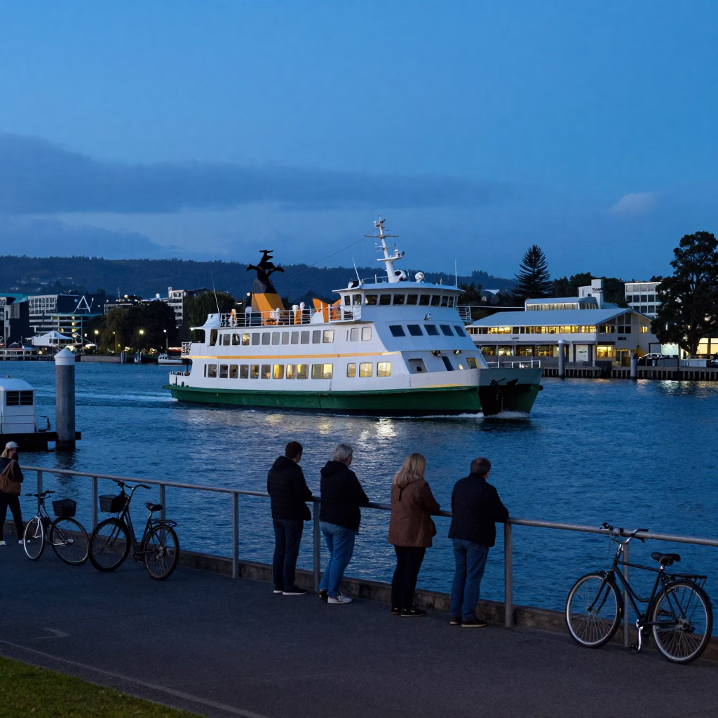 Christchurch Ferry Dock Evening Scene with Passengers and Bicycles in New Zealand in in Christchurch, New Zealand