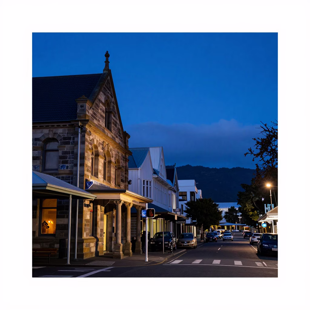 Christchurch Indigo Twilight Street Scene with Vintage Italian Majolica Plate and Trowel in in Christchurch, New Zealand