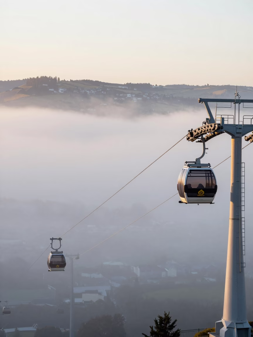 Christchurch New Zealand Aerial Tramway Gondola Rising Above Morning Fog in Late Morning in in Christchurch, New Zealand