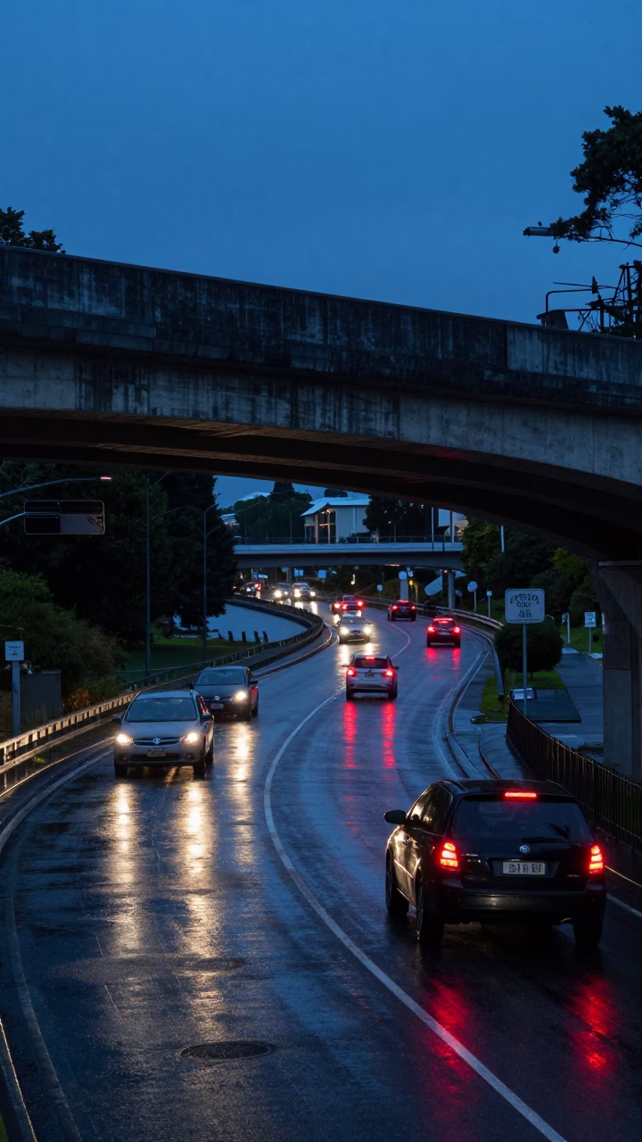 Christchurch New Zealand Blue Hour Overpass Interchange Taillights After Rain in in Christchurch, New Zealand