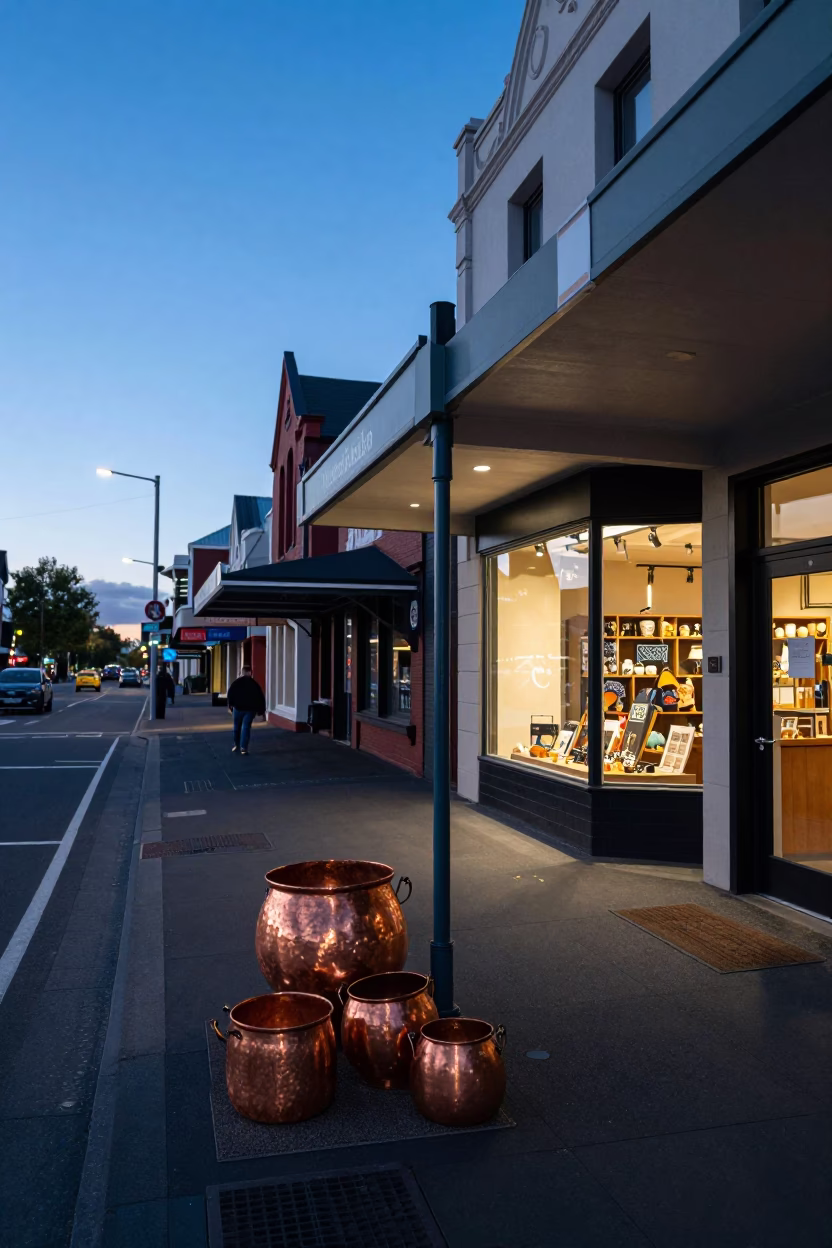 Christchurch New Zealand blue hour street scene with copper pots and door mats in in Christchurch, New Zealand