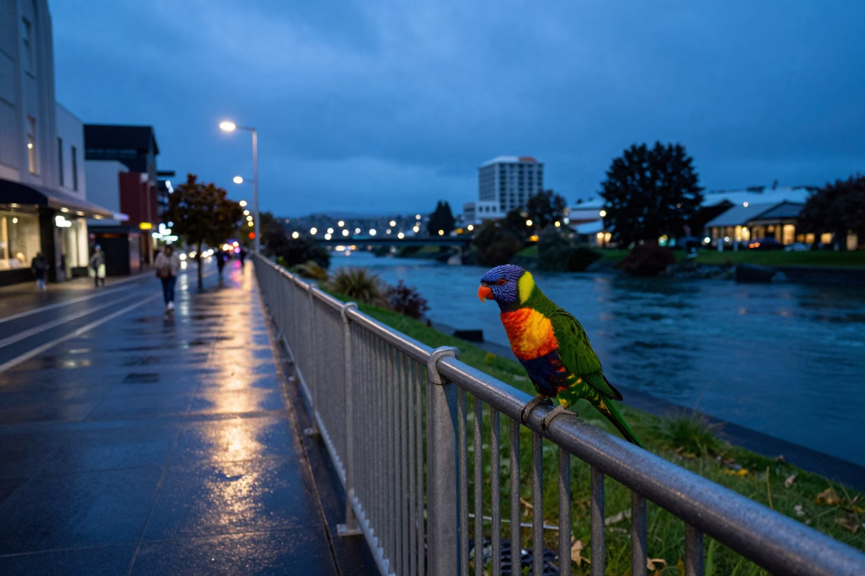 Christchurch New Zealand Blue Hour Street Scene with Rainbow Lorikeet and Wet Pavement Reflections in in Christchurch, New Zealand
