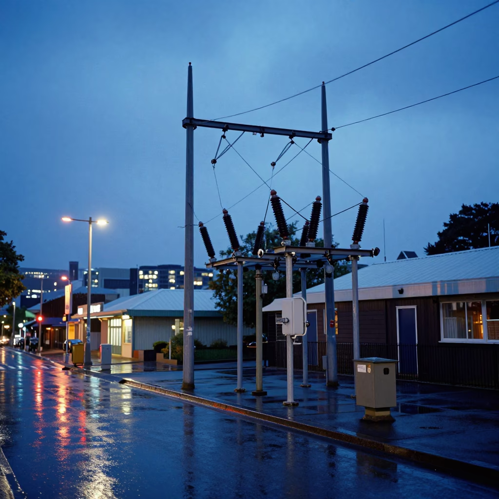 Christchurch New Zealand Blue Hour Street Scene with Substation Insulators and Rain in in Christchurch, New Zealand